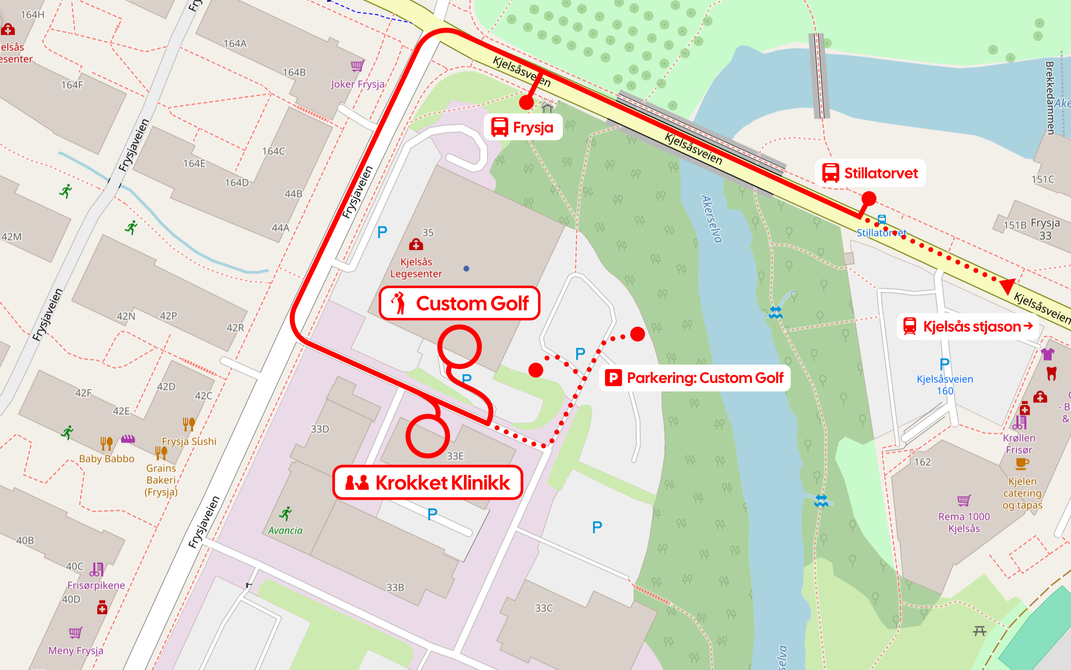Kart over Krokket sine lokaliteter på Frysja, Oslo